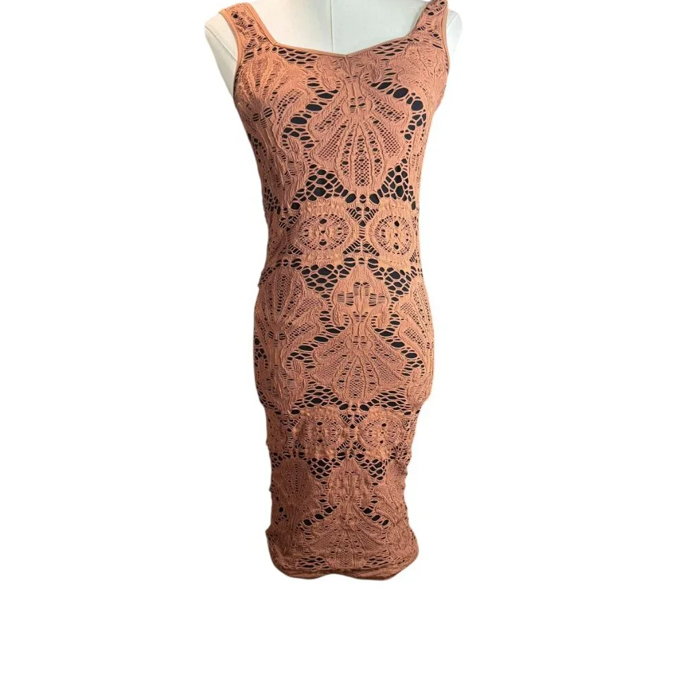 Free People Intimately Crochet Bodycon Dress Medium – Boho Lace Sleeveless Nude